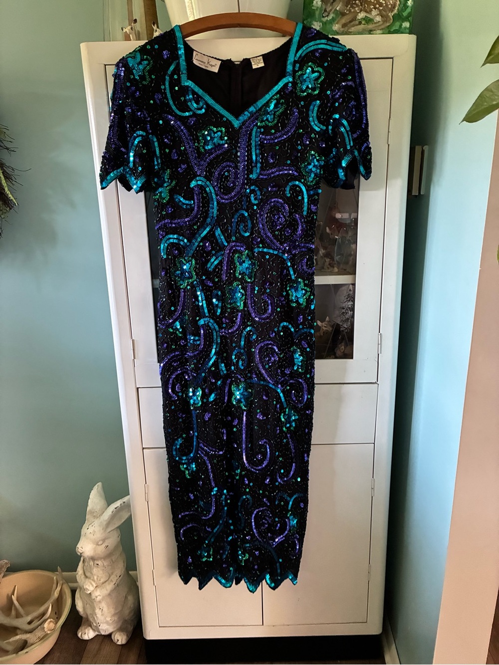 Laurence Kazar sz PL Black Sequin V-Neck Evening Dress Silk Beading